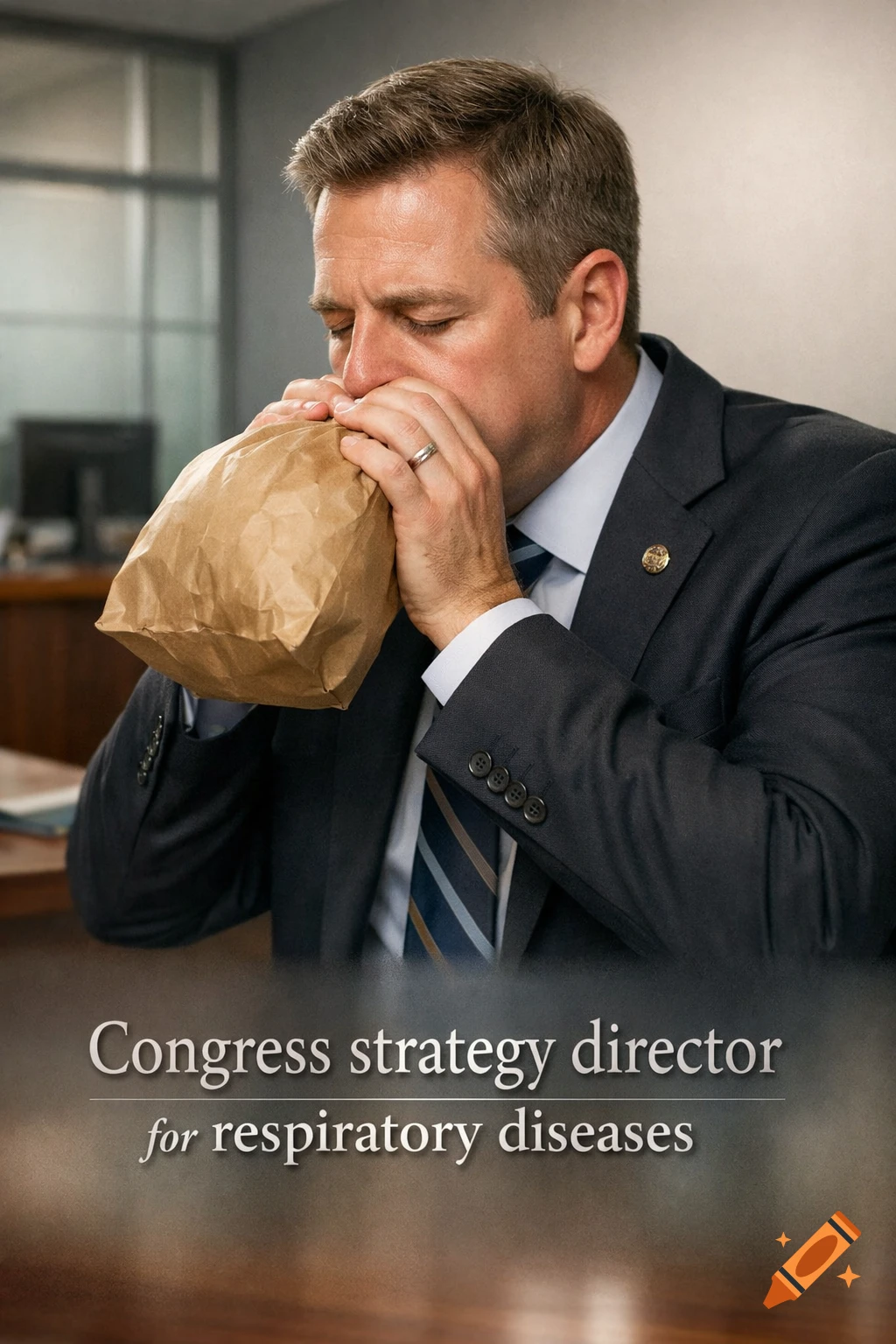 Man in a business suit breathing into a brown paper bag in an office, with 'Congress strategy director for respiratory diseases' text.