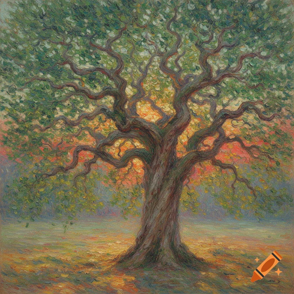 Impressionistic painting of a large, gnarled tree with green leaves against a warm, glowing sunset backdrop.