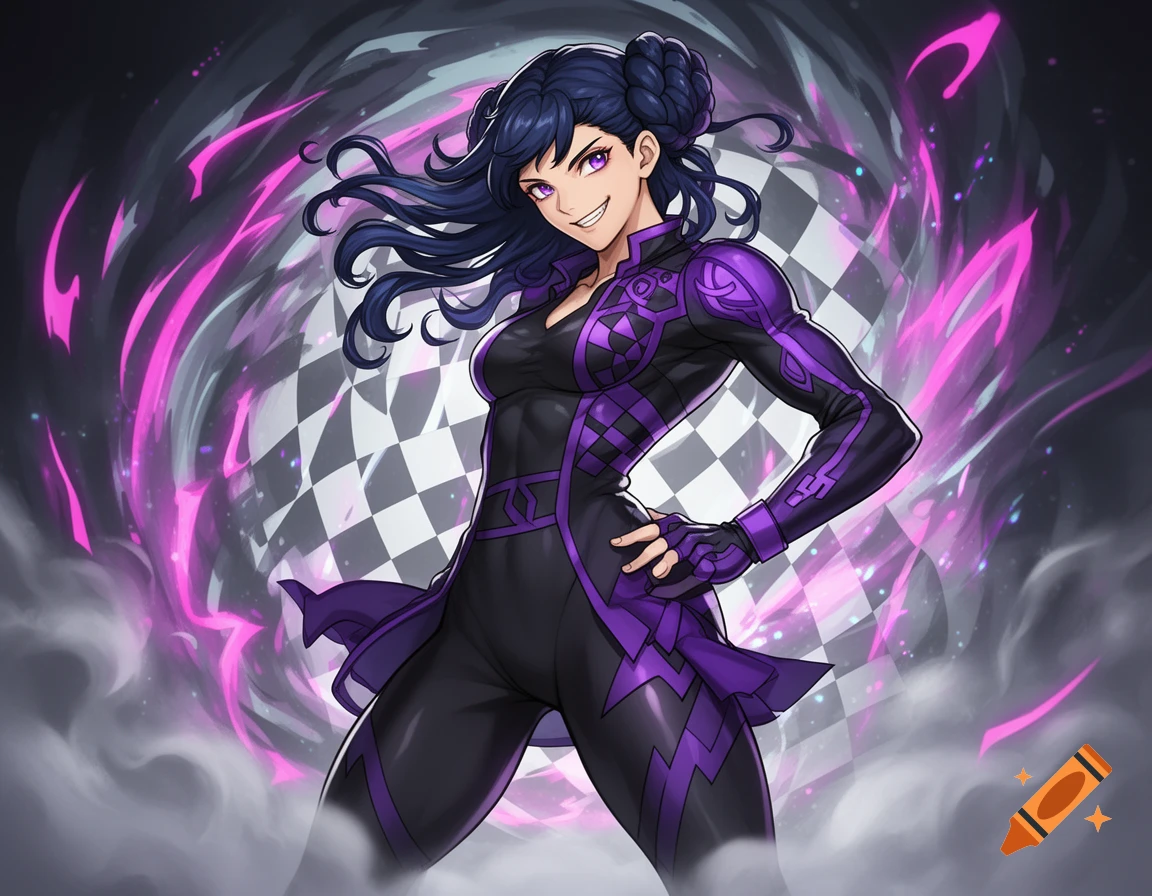 Anime woman with dark hair, purple eyes, and a smirk, wearing a black and purple armored suit, set against a swirling purple and checkered background.