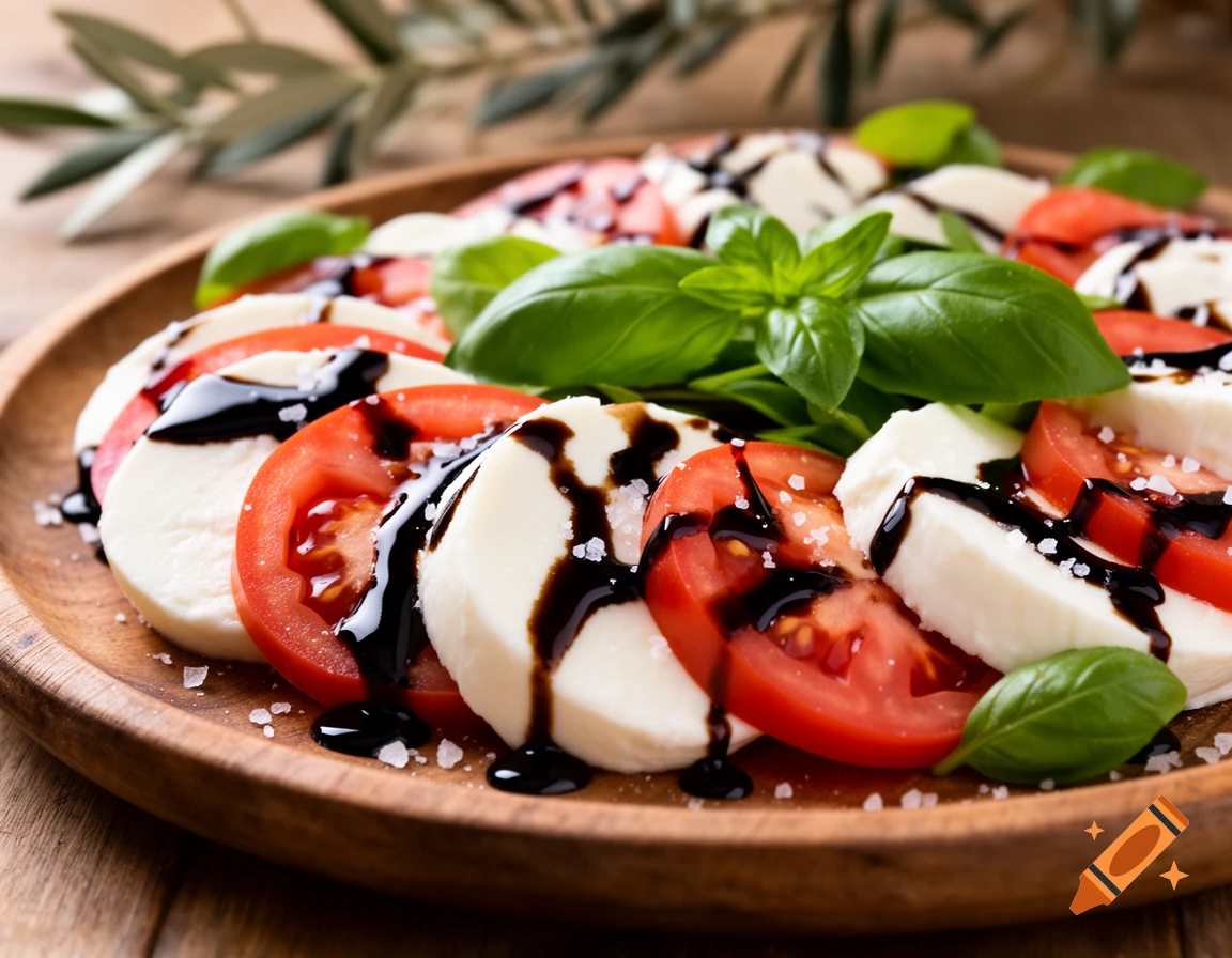Close-up of a vibrant Caprese salad with sliced mozzarella, red tomatoes, green basil, balsamic glaze, and sea salt on a wooden plate.