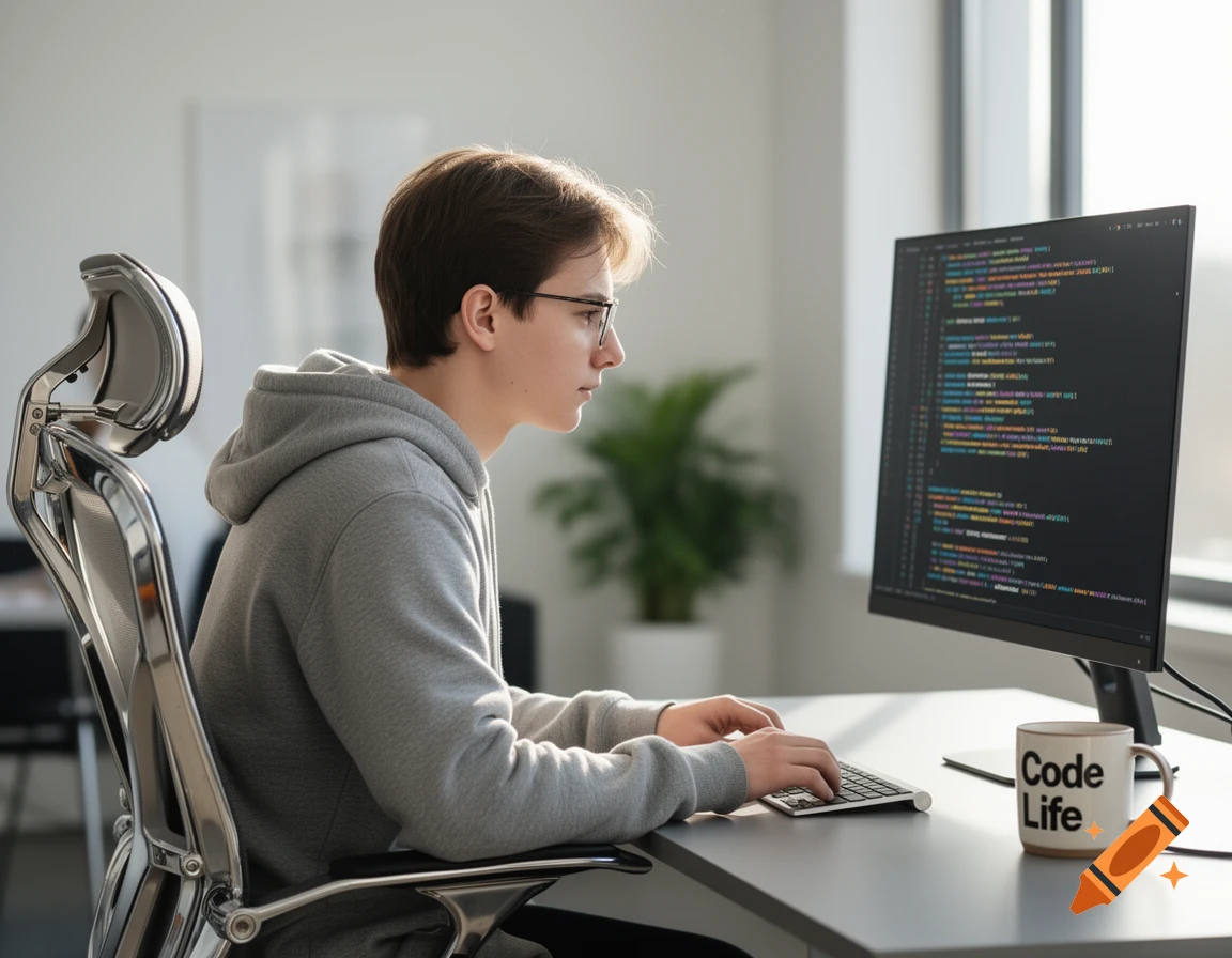 Young person in a grey hoodie and glasses typing code on a computer at a desk with a 'Code Life' mug.