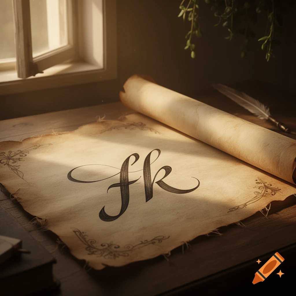 A vintage parchment scroll with the letters 'fk' in calligraphic script, a quill pen, and sunlight from a window.
