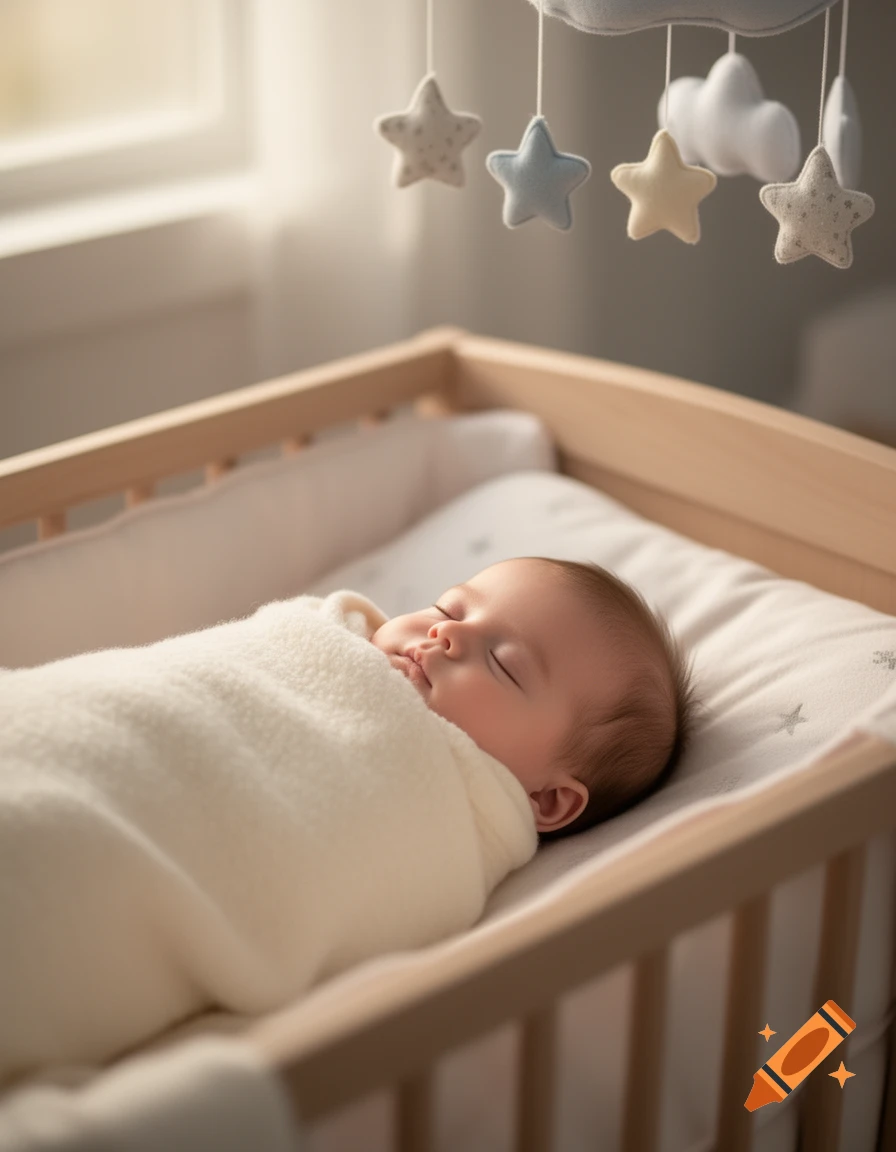 A sleeping baby swaddled in a white blanket in a wooden crib with a star mobile overhead, bathed in soft light.