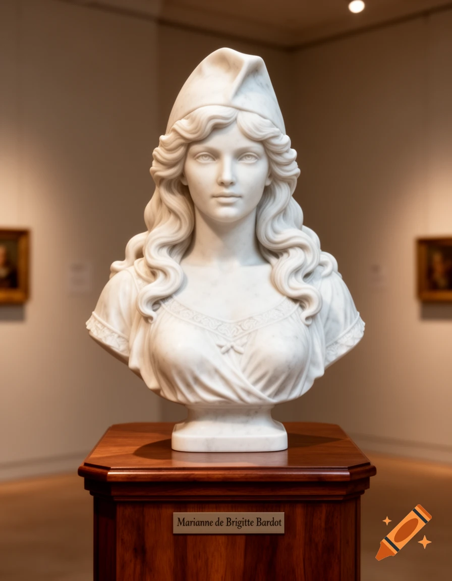 A white marble bust of a woman with a Phrygian cap and wavy hair, on a wooden pedestal in an art gallery.