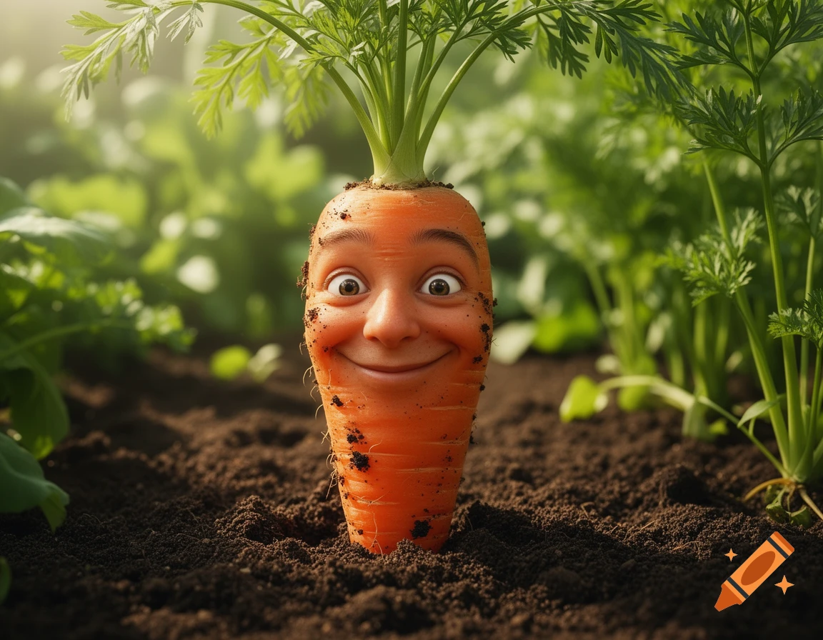 A smiling carrot with a human face peeks out of dark soil in a sunlit garden.
