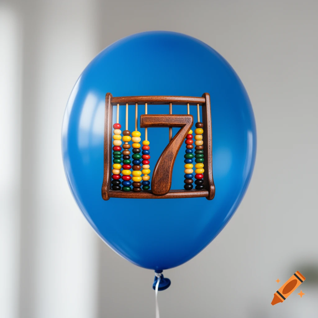 A blue balloon features a wooden abacus displaying the number 7 with colorful beads, photorealistic.