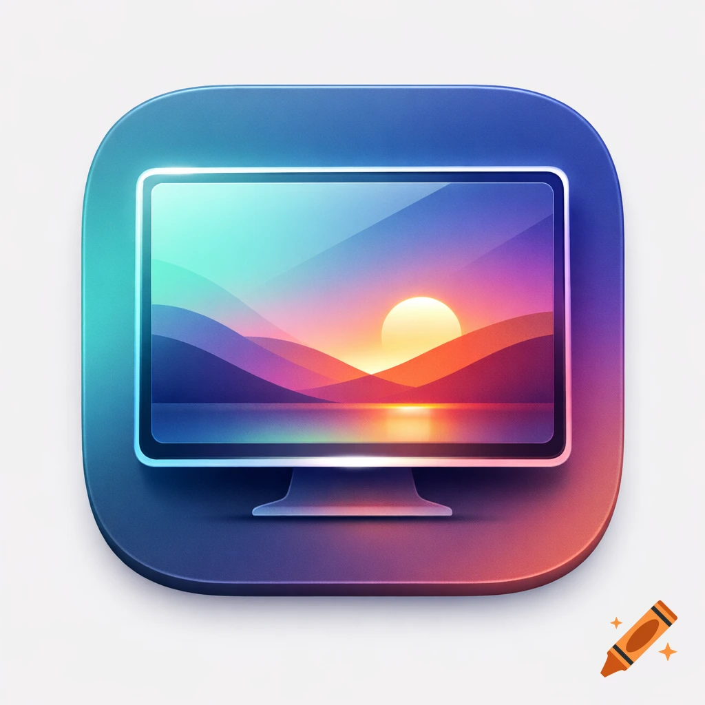 A minimalist app icon featuring a monitor displaying a vibrant, gradient sunset landscape in a glassmorphism style with soft shadows.
