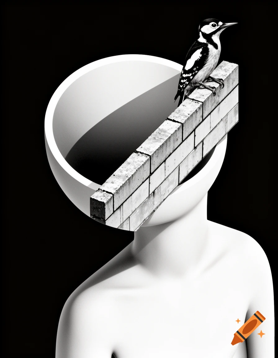 Stylized graphic of a gender-neutral figure with an open head containing a brick wall, topped by a woodpecker, in black and white.