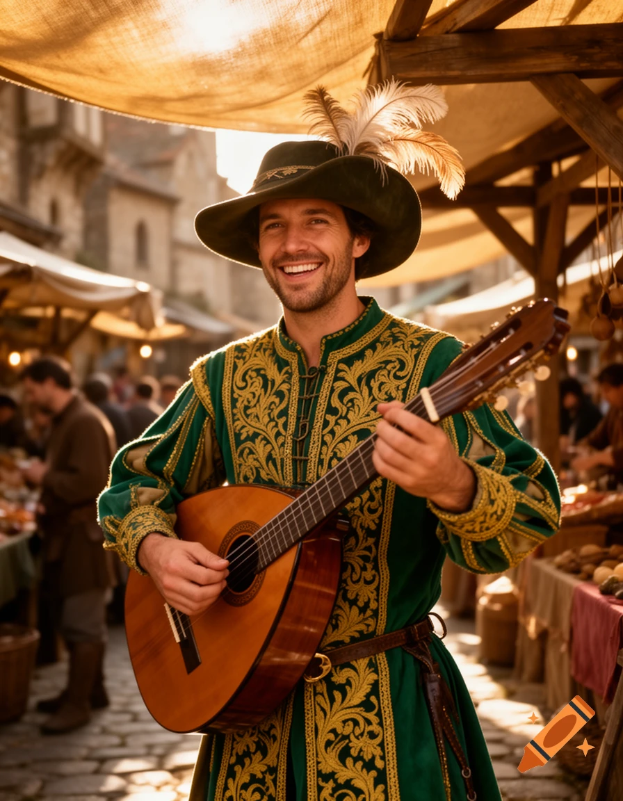 A smiling man in green and gold Renaissance-style clothes and a feathered hat plays a guitar in a bustling outdoor market.