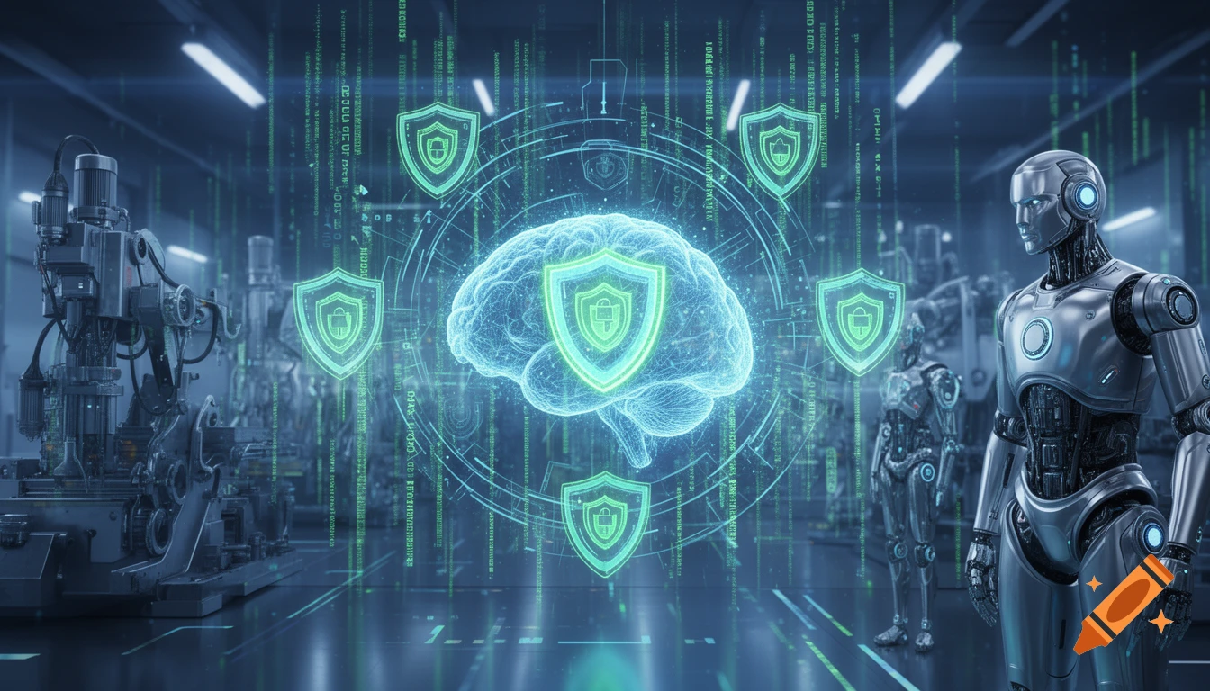 Futuristic scene with a glowing brain surrounded by security shields and data, flanked by metallic humanoid robots in an industrial setting.