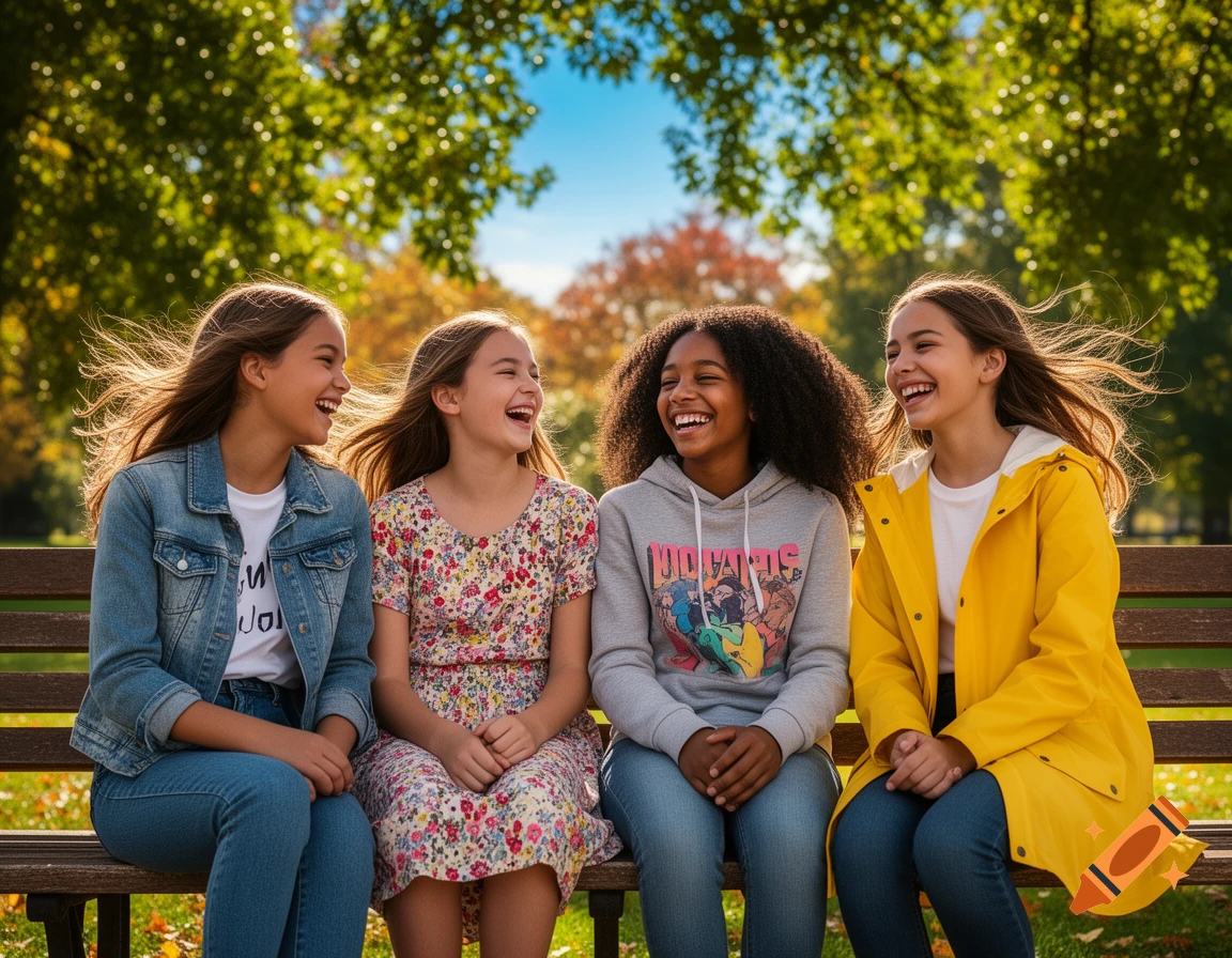 Four diverse young girls laugh together on a park bench on a sunny autumn day, looking at each other.