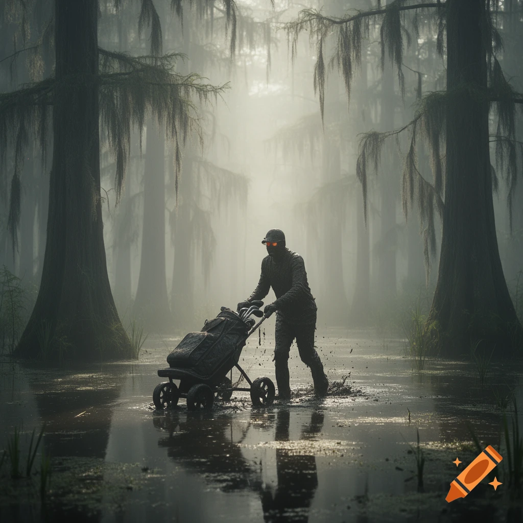 A mud-covered golfer with glowing orange eyes pushes a golf cart through a misty, dark swamp.