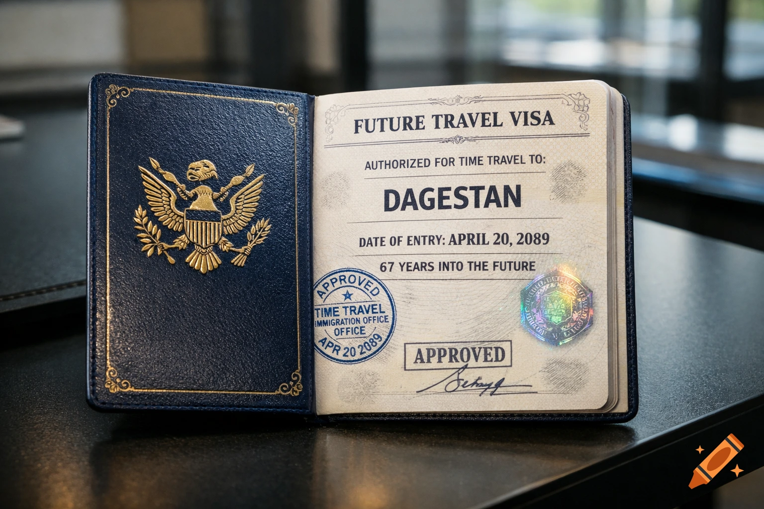Open dark blue passport-like document displaying a golden emblem and a 'Future Travel Visa' for Dagestan, dated April 20, 2089, with an 'Approved' stamp and holographic seal.