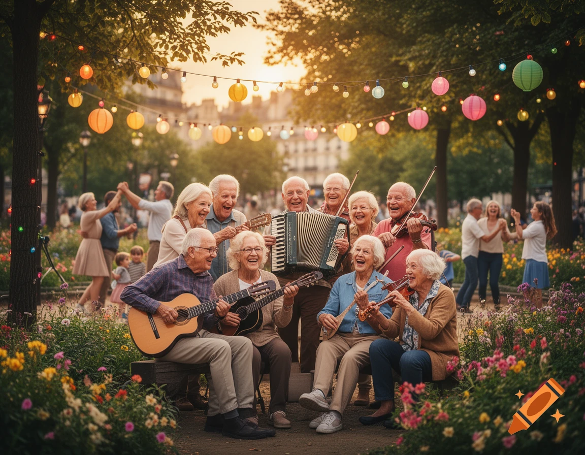 Joyful elderly people play accordion, guitars, and violins in a festive park with string lights and dancing couples in the background.