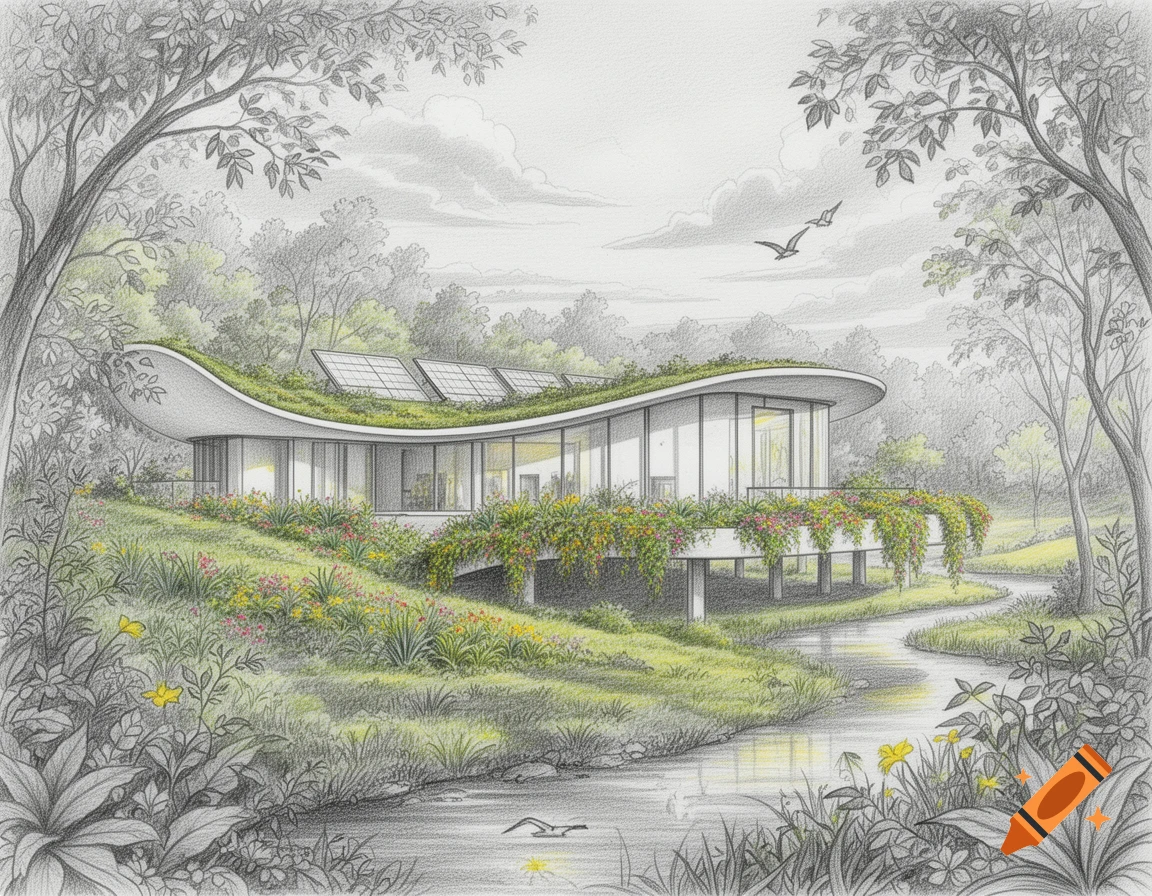 Pencil drawing of a modern ecological house with a green roof and solar panels nestled by a stream in a lush natural landscape.