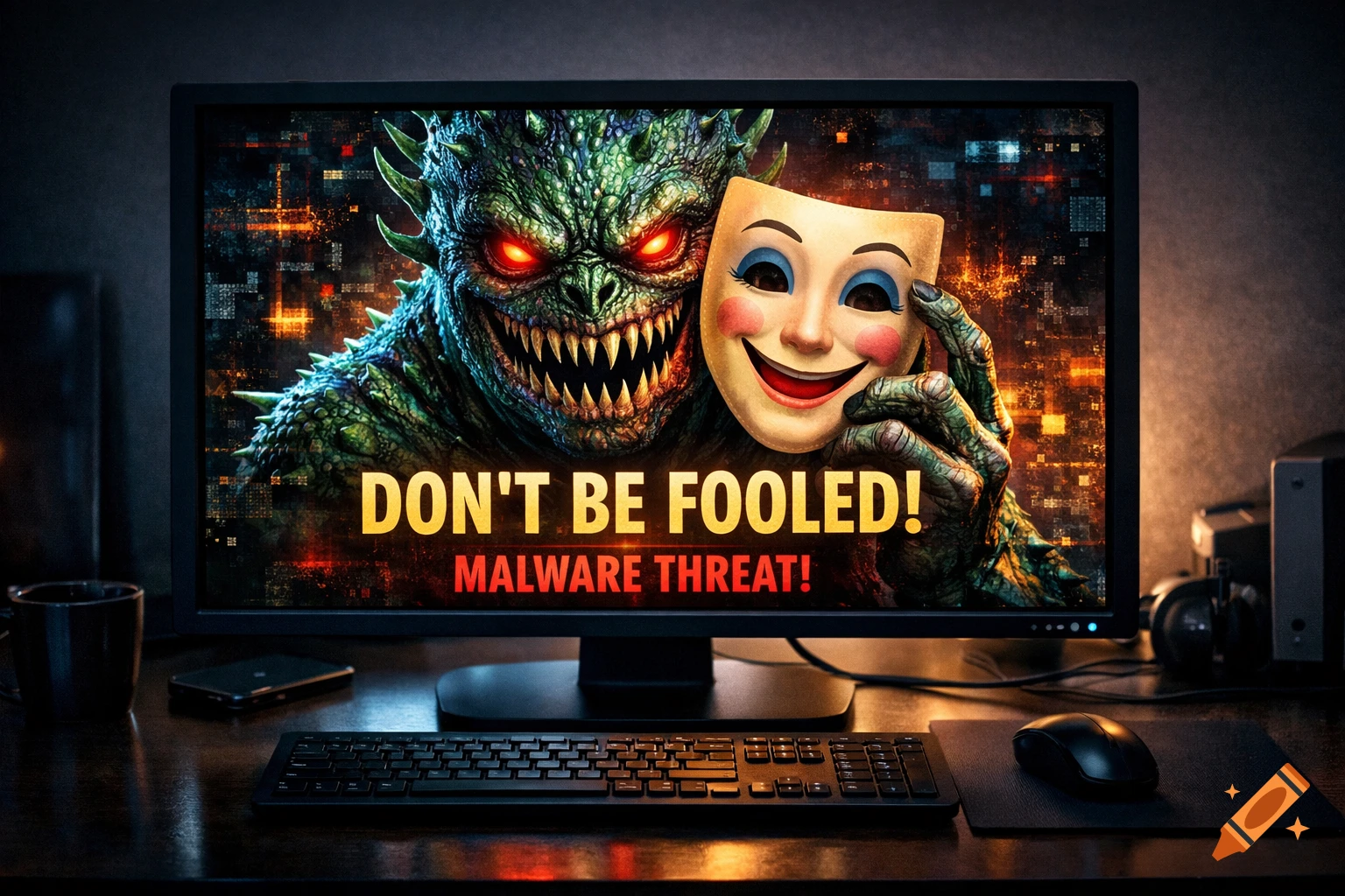 A computer monitor displays a green monster with glowing red eyes holding a smiling mask, above the text "DON'T BE FOOLED! MALWARE THREAT!"