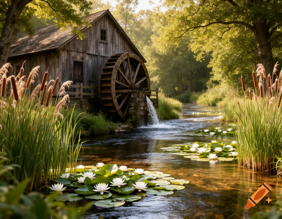 Photorealistic scene of a rustic wooden watermill by a stream with lily pads and cattails under dappled sunlight.