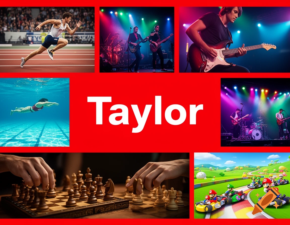 A red collage with the word 'Taylor' at the center, surrounded by images of a runner, a swimmer, a rock band performing, hands playing chess, and Mario Kart racers.
