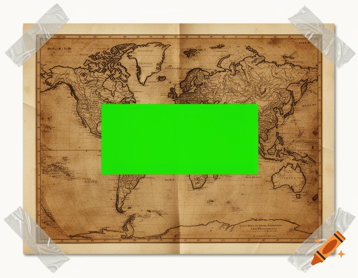 An aged parchment antique world map with a bright green rectangle in the center, taped to a white background.