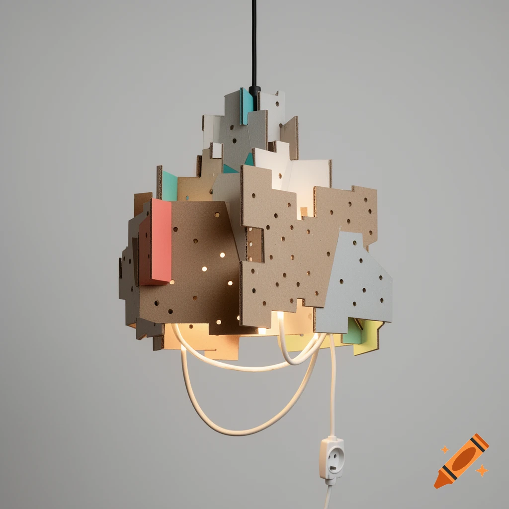 Minimalist experimental lighting pendant made from layered cardboard and chipboard, with exposed wiring and a warm glow.