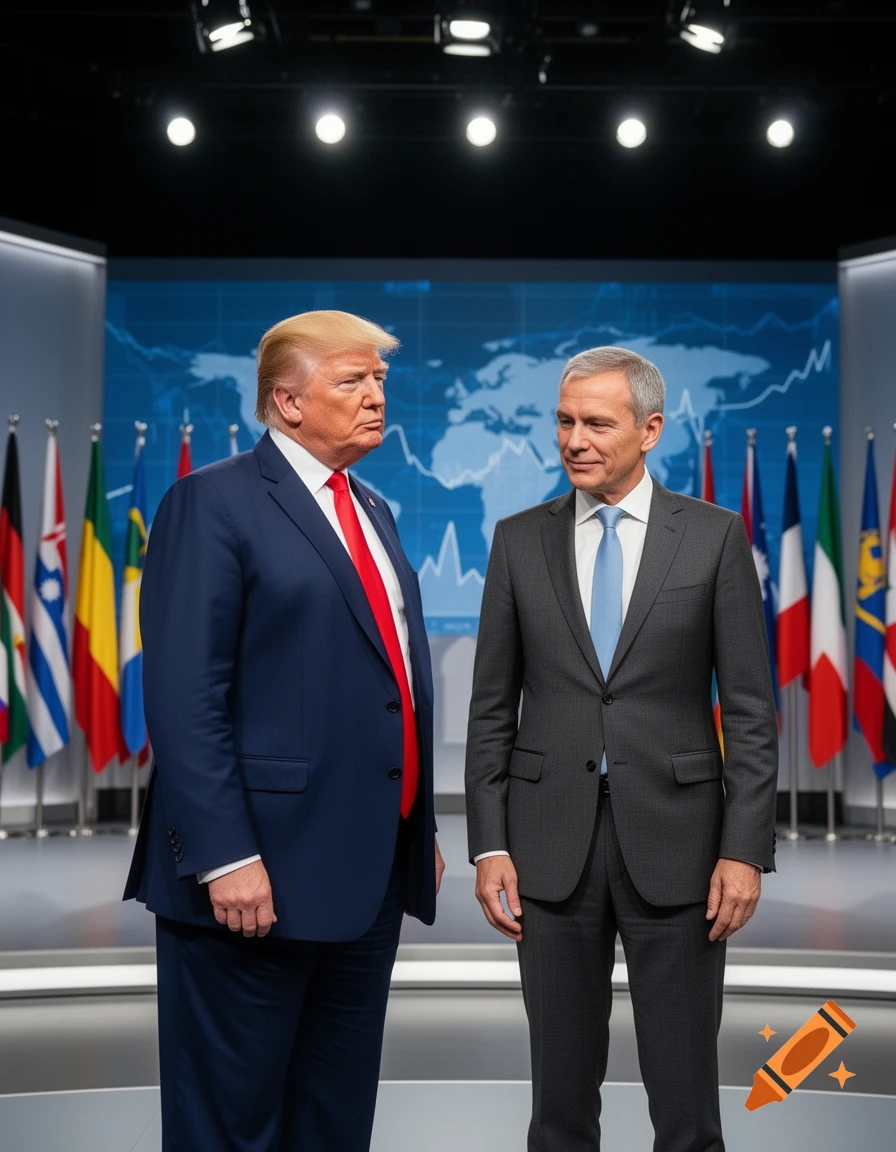 Donald Trump and Friedrich Merz stand facing each other in suits in a conference room with international flags and a world map on a screen behind them.