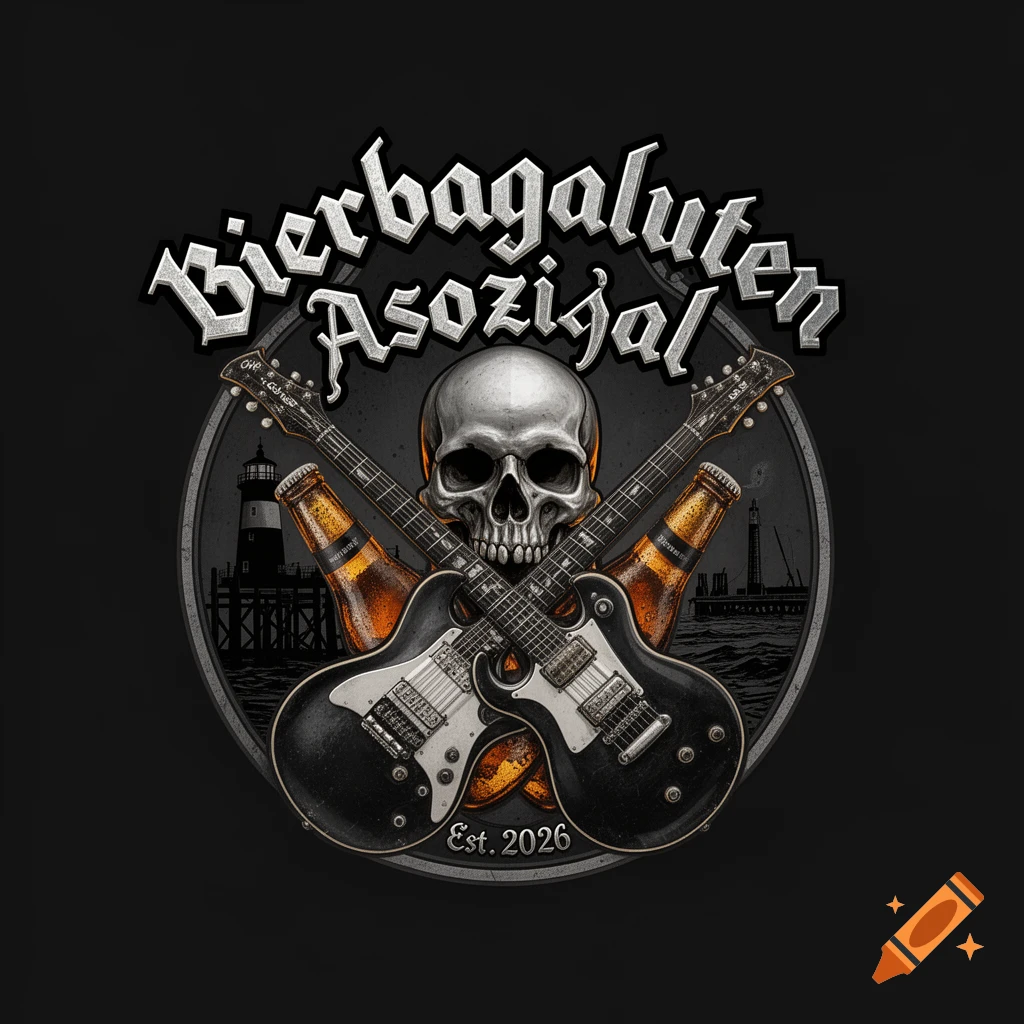 Illustrative rock logo featuring a skull, crossed electric guitars, beer bottles, a lighthouse, and text 'Bierbagaluten Asozial Est. 2026' on a black background.