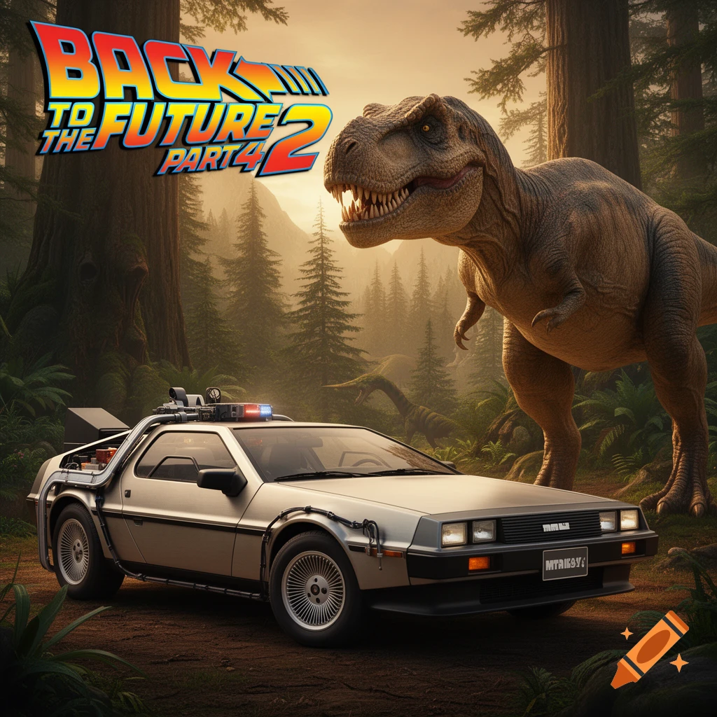 The "Back to the Future Part 4" logo above a DeLorean parked in a prehistoric forest with a large Tyrannosaurus Rex looking on.