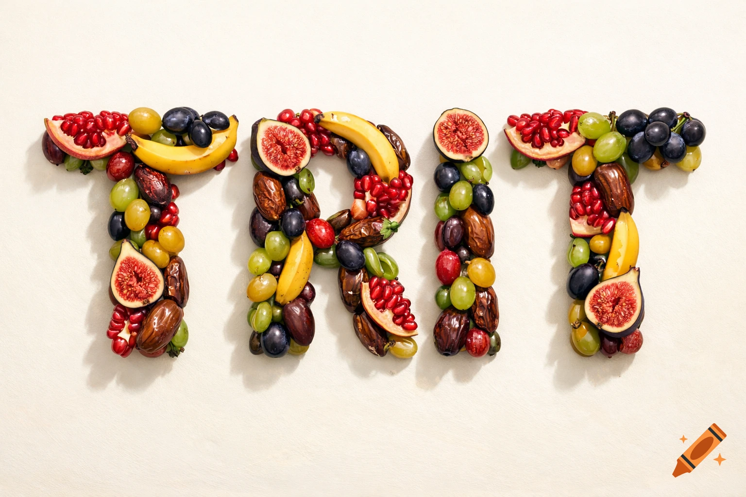 The word TRIT formed by various colorful fruits including pomegranates, bananas, dates, grapes, olives, and figs, on a light background.