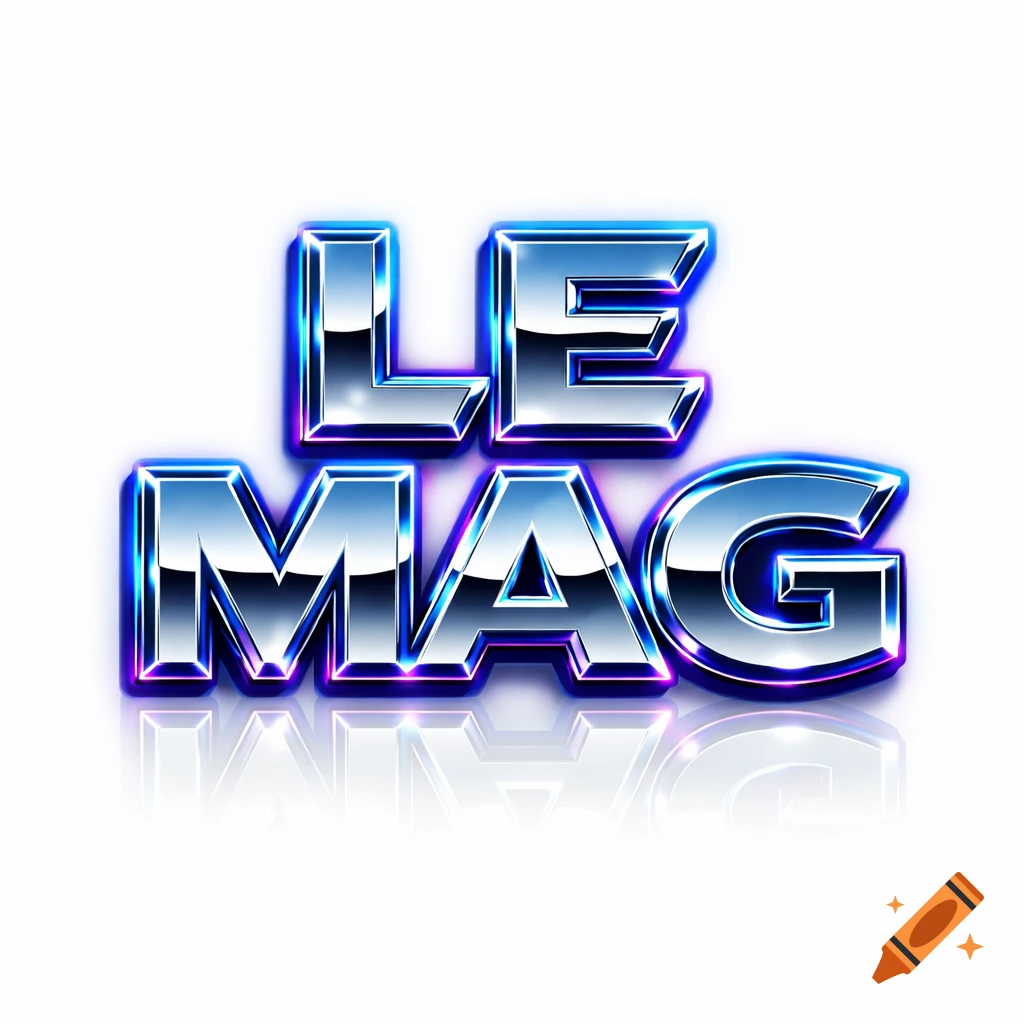 Shiny chrome 3D text "LE MAG" with neon blue and purple outlines, reflecting on a white background in synthwave style.