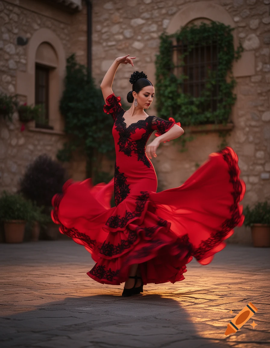 A woman in a vibrant red flamenco dress with black lace dances outdoors, her dress swirling, against a stone building in warm light.