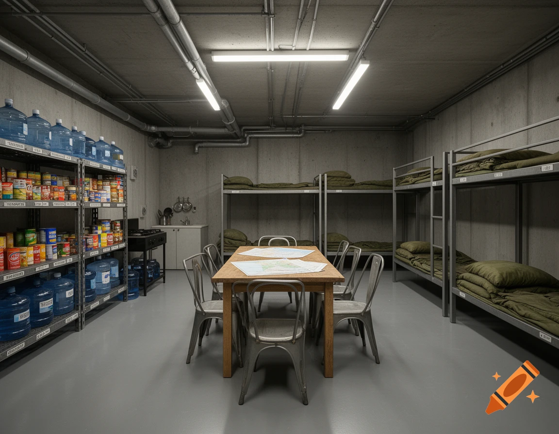 Photorealistic image of an underground shelter with bunk beds, shelves of canned goods and water, and a wooden table.