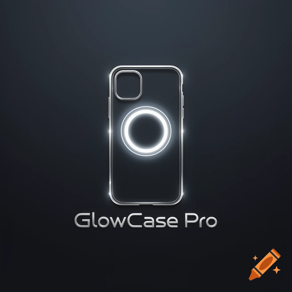 A glowing silver outline of a phone case with a white light ring around the camera cutout, with 'GlowCase Pro' text below.