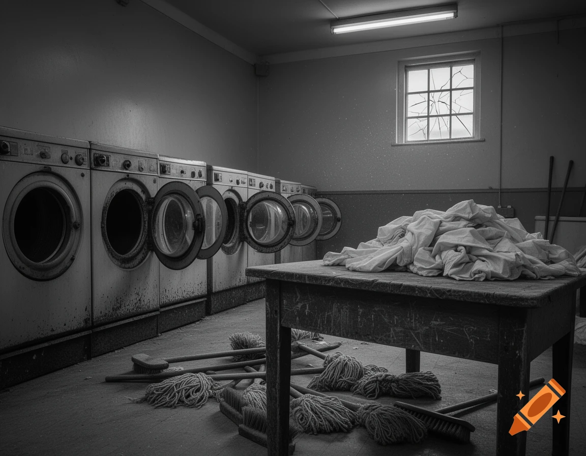 Black and white photo of a dilapidated laundry room with a row of old washing machines, a broken window, and mops on the dusty floor.