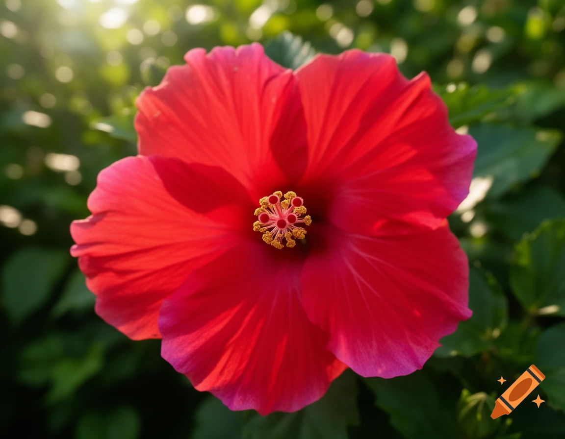 Close-up of a vibrant red hibiscus flower with a yellow stamen, dappled sunlight on a soft green background.