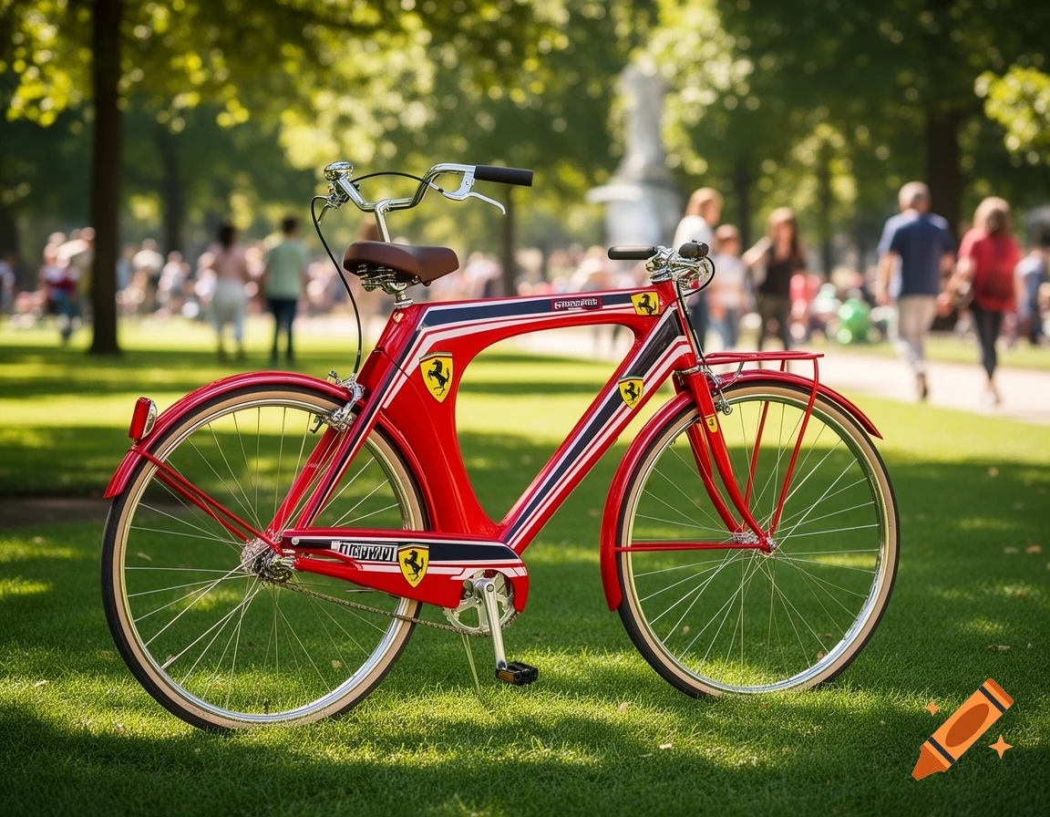 A red and black vintage-style bicycle with Ferrari branding parked on a grassy lawn in a sunny park with blurred people in the background.
