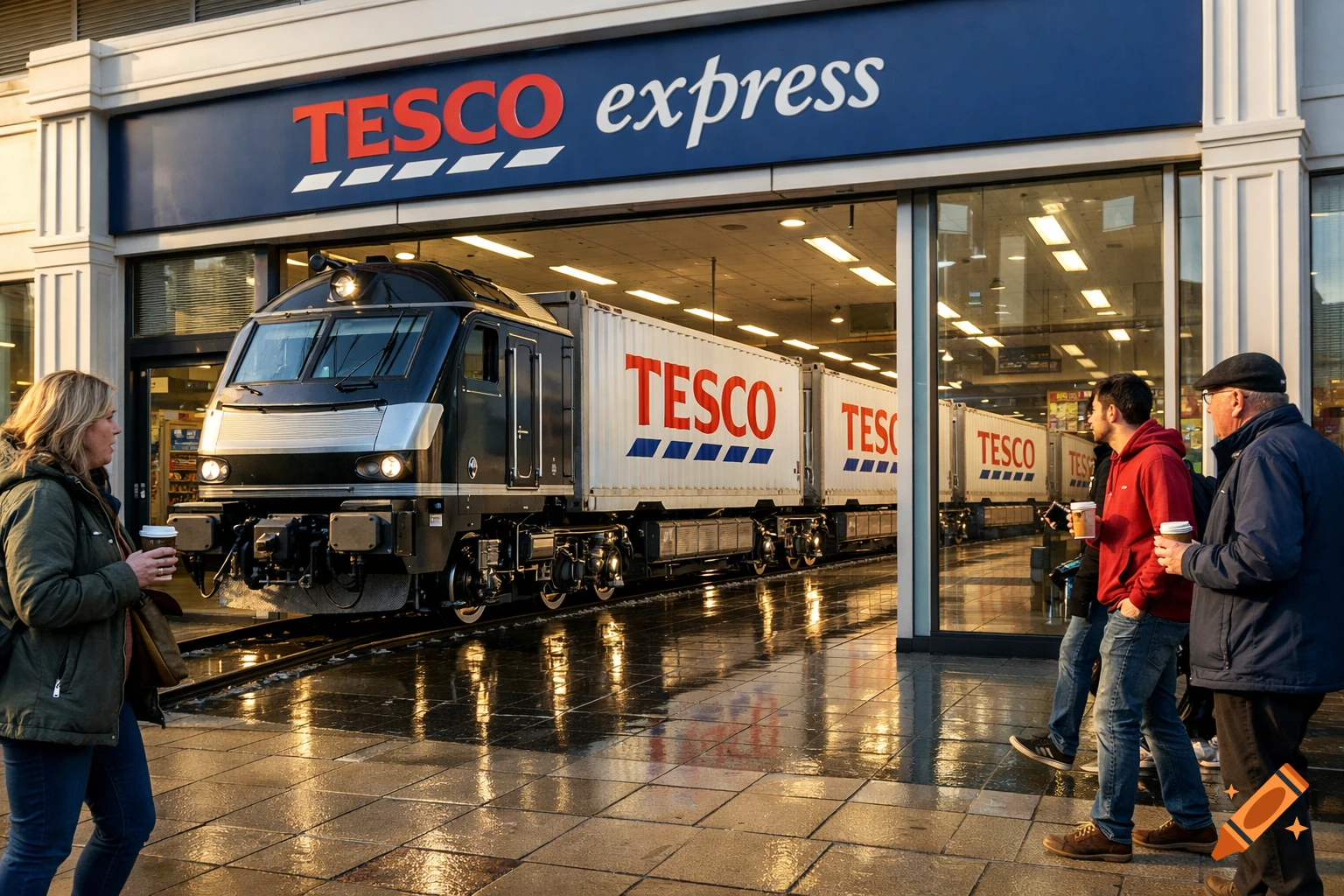 A dark train with Tesco containers emerging from a Tesco Express store entrance onto a wet city street, with people nearby.