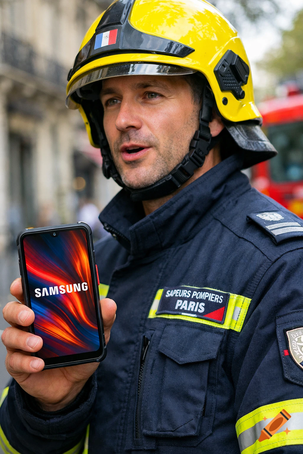 A photorealistic close-up of a Parisian firefighter in uniform and a yellow helmet holding a Samsung smartphone with its logo displayed.