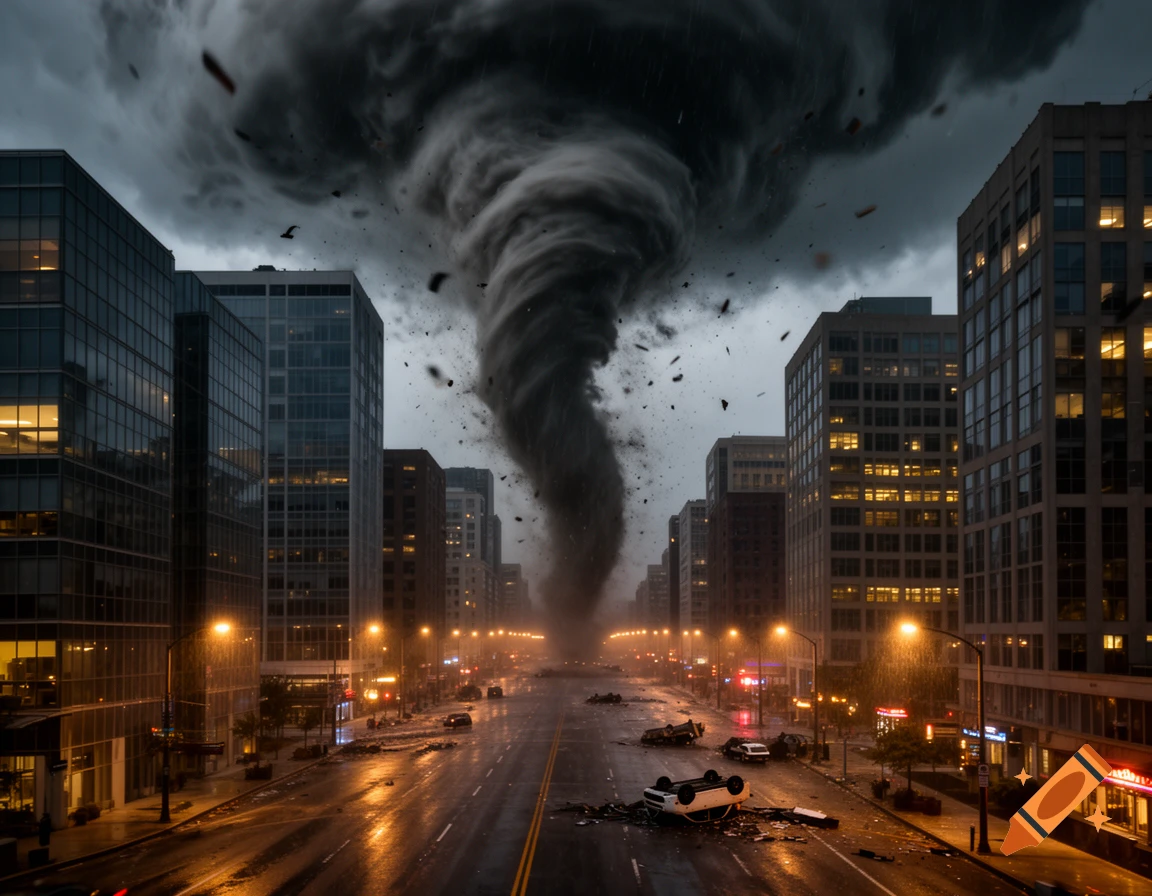 A massive tornado rips through a city street, with overturned cars and flying debris under a dark, stormy sky.
