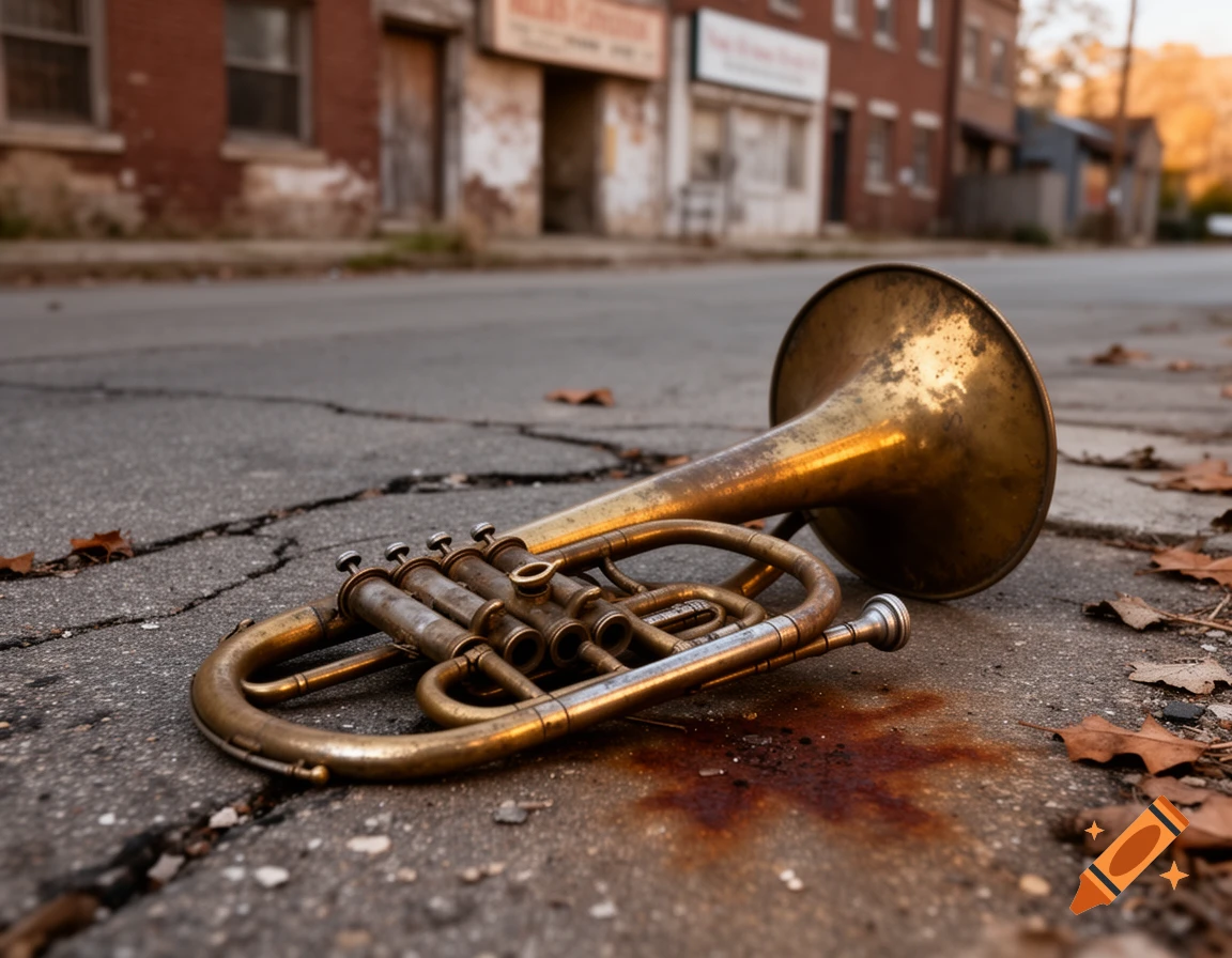 An old, tarnished brass cornet or similar instrument lies abandoned on cracked asphalt with fallen leaves. Blurred brick buildings are in the background.