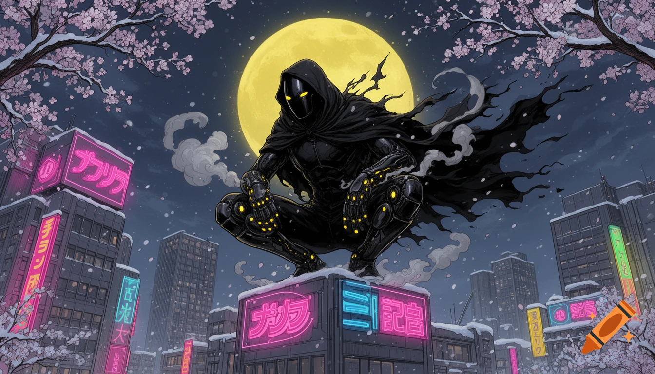 A dark, cloaked figure with glowing yellow eyes and cybernetic arms ...