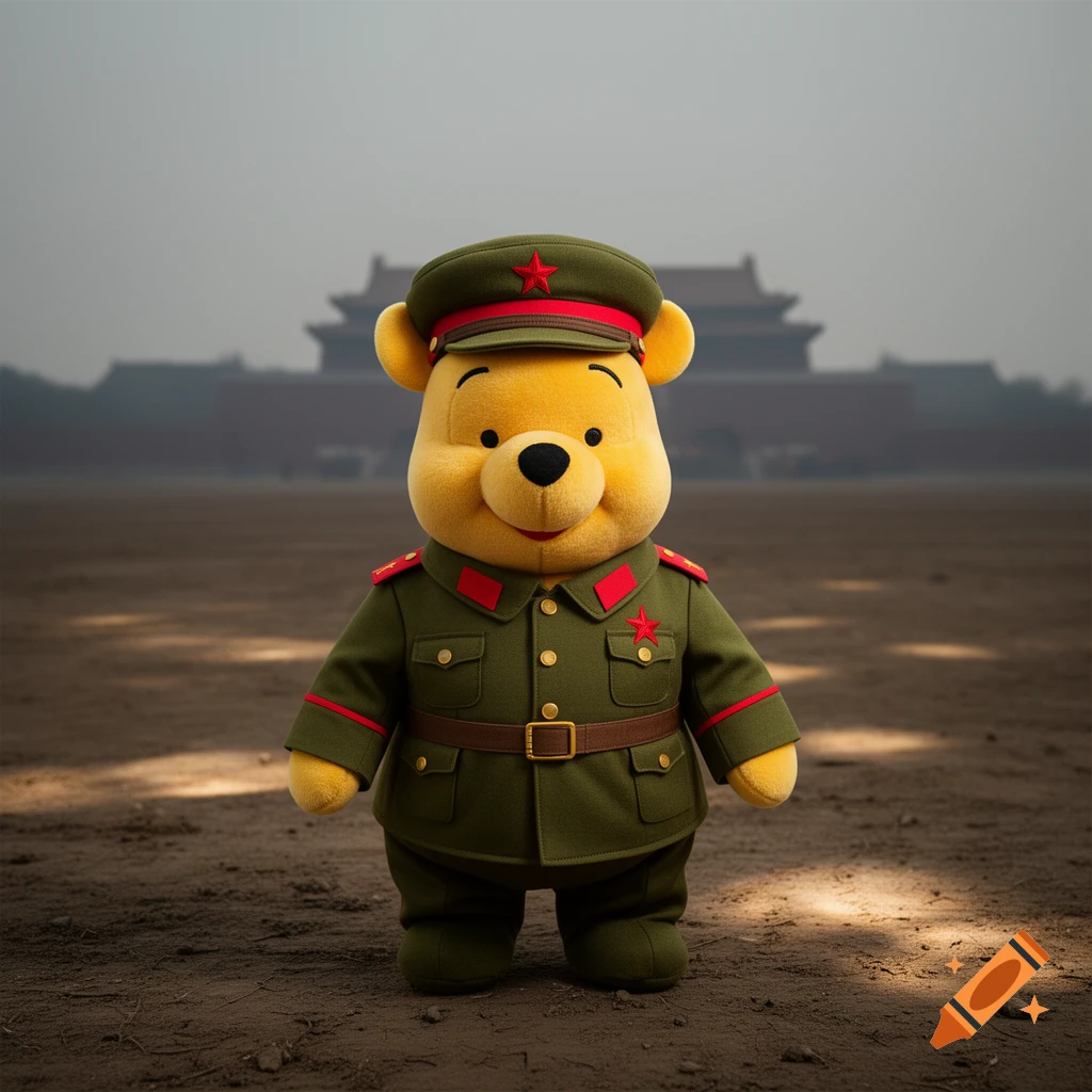 Winnie the Pooh in a green communist military uniform with red stars, standing in a dusty field with a hazy Forbidden City background.