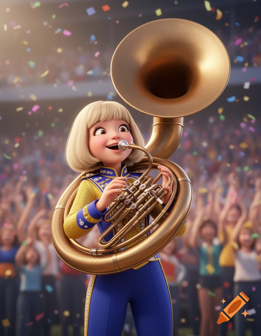 A cute 3D animated blonde female majorette plays a bronze sousaphone in a stadium with a cheering crowd and falling confetti.