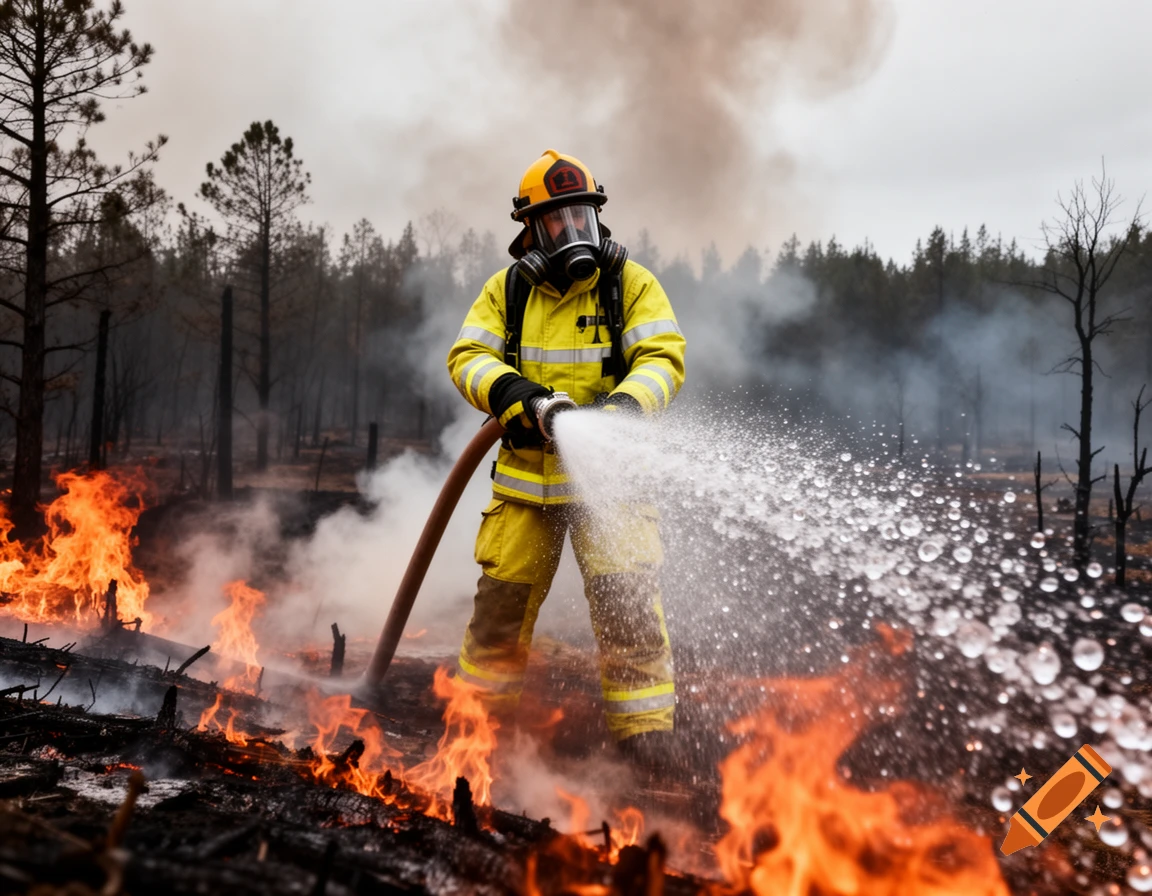 A firefighter in full gear sprays water from a hose onto an active forest fire, with flames and smoke in a burnt landscape.