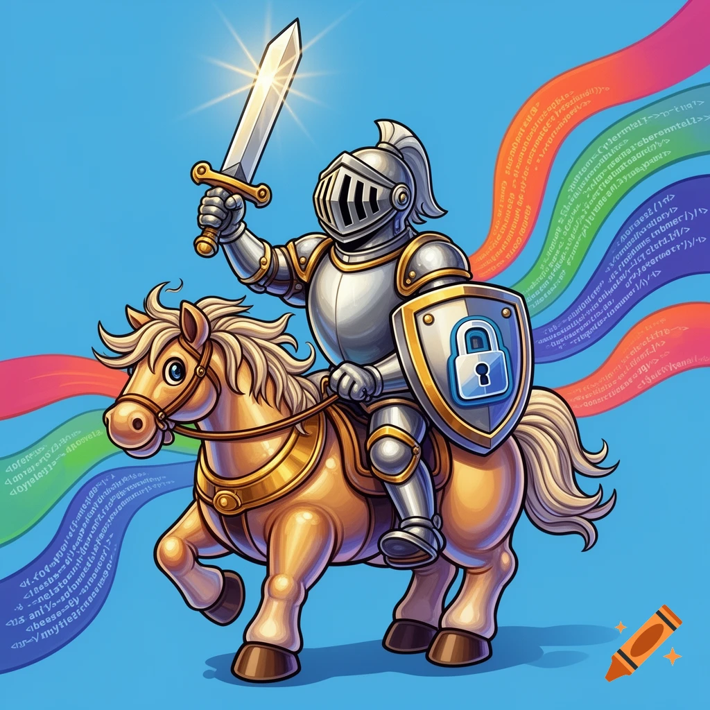 Cartoon knight in shiny armor riding a horse, holding a sword and a shield with a lock symbol, against a blue background with colorful code ribbons.