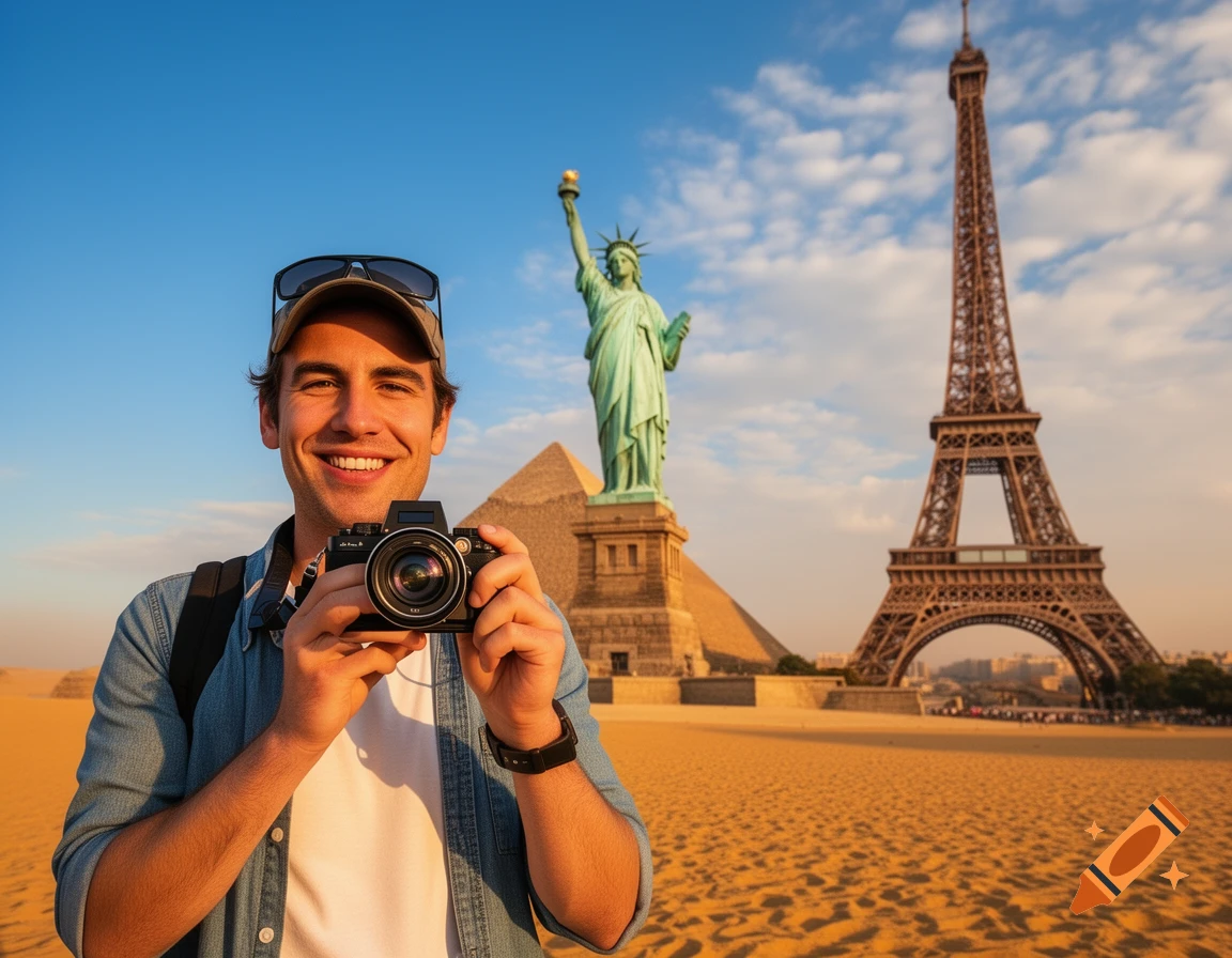 A smiling man holding a camera in a surreal desert scene featuring the Statue of Liberty, Eiffel Tower, and Egyptian pyramids under a blue sky.