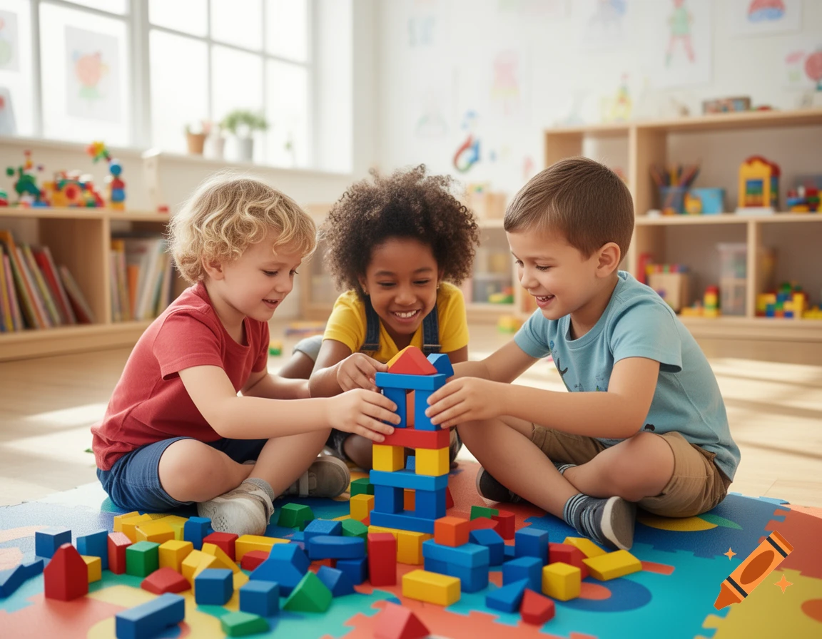 Three smiling children, two boys and a girl, collaboratively build a colorful block tower on a mat in a bright classroom.