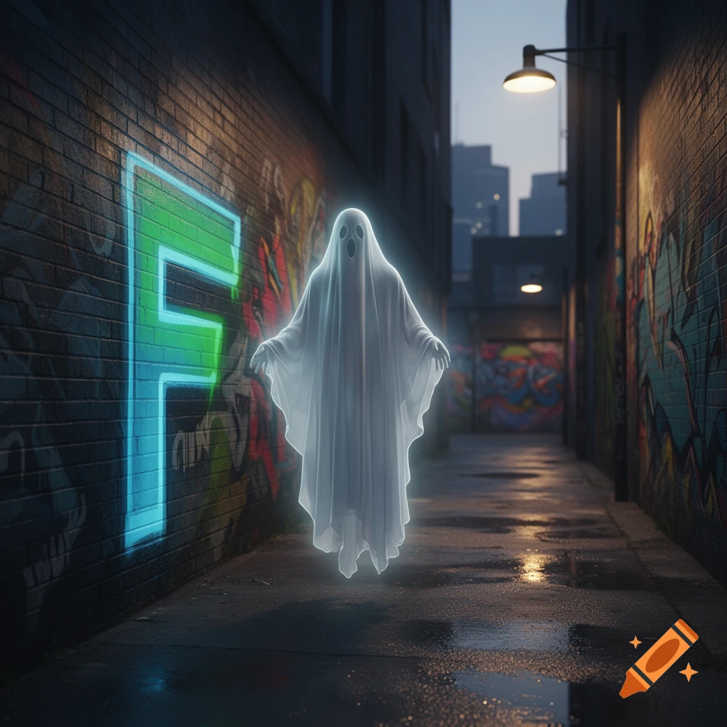 A white ghostly figure floats in a dark, wet alley with graffiti-covered walls and a glowing neon letter F on the left wall.