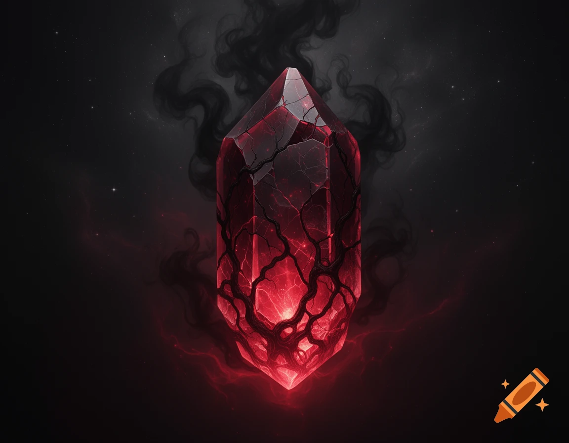 A dark red, cracked crystal with glowing veins and a bright core, set against a smoky, starry black background.
