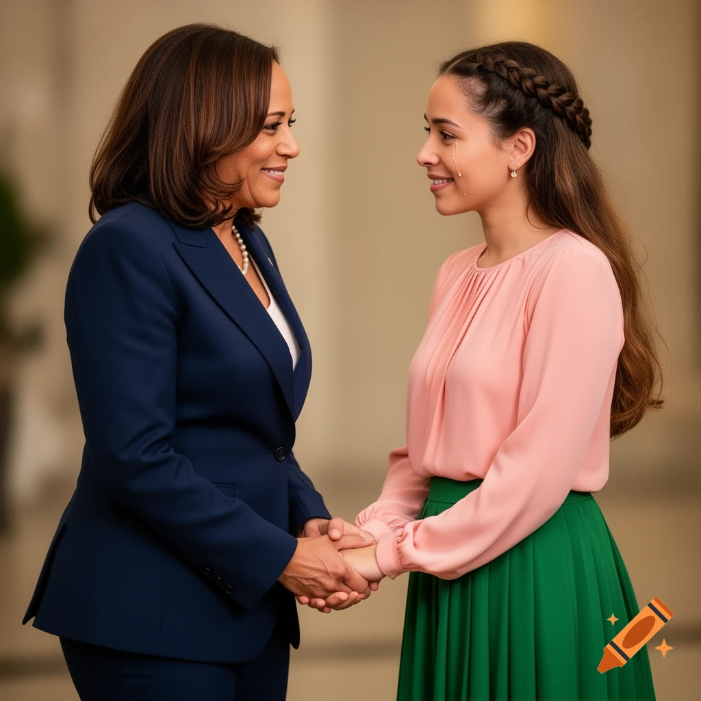 Kamala Harris in a blue suit smiles while shaking hands with a crying woman in a pink blouse and green skirt.