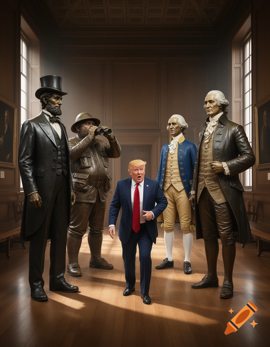 Donald Trump walks past statues of Abraham Lincoln, a man with binoculars, George Washington, and Thomas Jefferson in a grand hall.